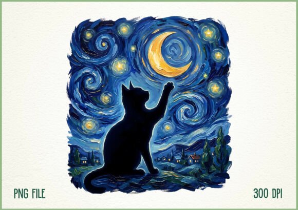 Download Starry Night Cat Painting Moon PNG - Starry Collection