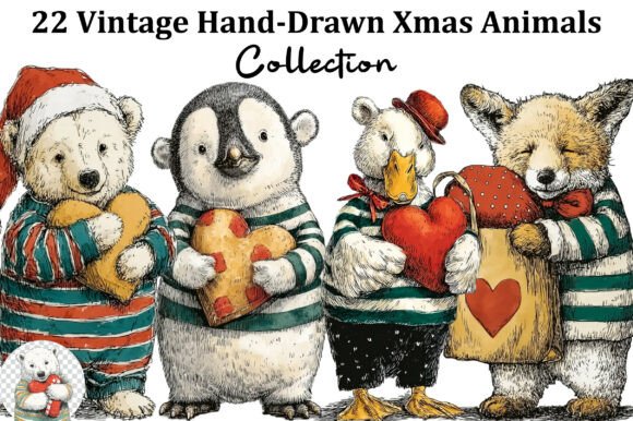 Download Vintage Hand-Drawn Xmas Animals Clipart - Xmas animals clipart Collection