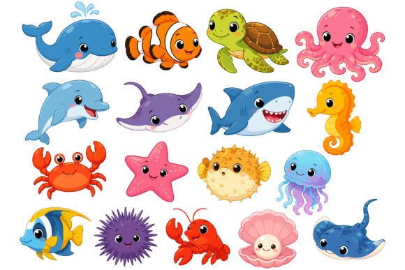 Download Cute Kawaii Sea Animals Clipart Set - Set Collection