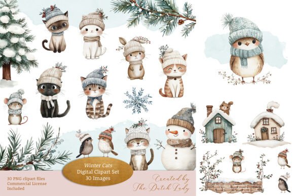 Download Winter Cats Clipart Set - Set Collection