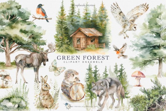 Download Watercolor Green Forest Clipart Set - Set Collection