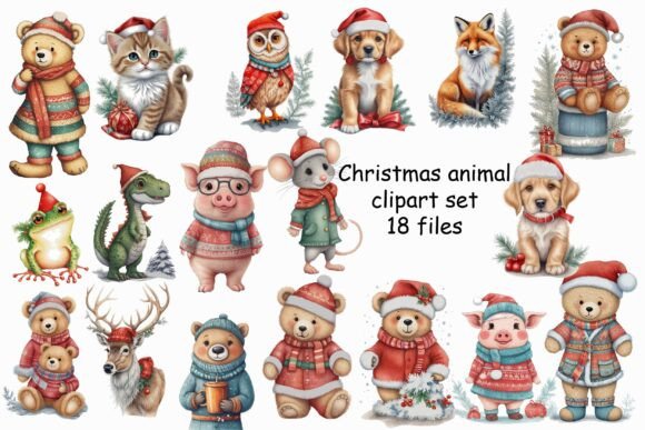 Download Watercolor Christmas Animal Clipart Set - Set Collection