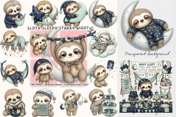 Download Sleepy Sloth Starry Night Watercolor - Starry Collection
