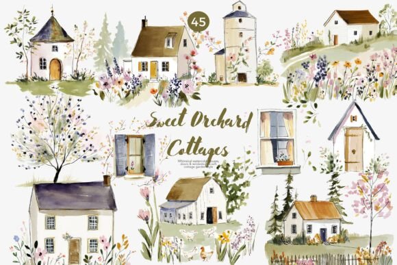 Download Sweet Orchard Cottages Clipart Set - Set Collection
