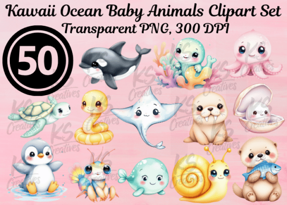 Download Kawaii Ocean Baby Animals Clipart Set - Set Collection