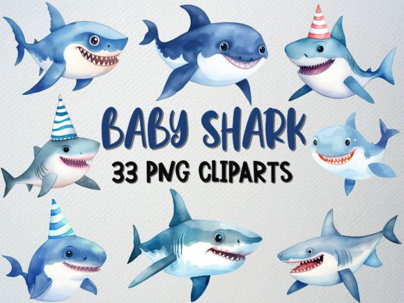 Download Watercolor Baby Shark Clipart Set, 33 PNG - Set Collection