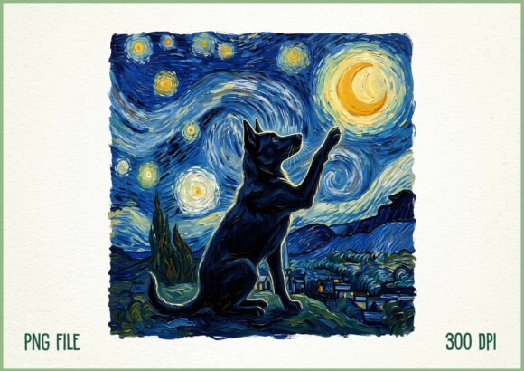 Download Starry Night Dog Painting Moon PNG - Premium Resources