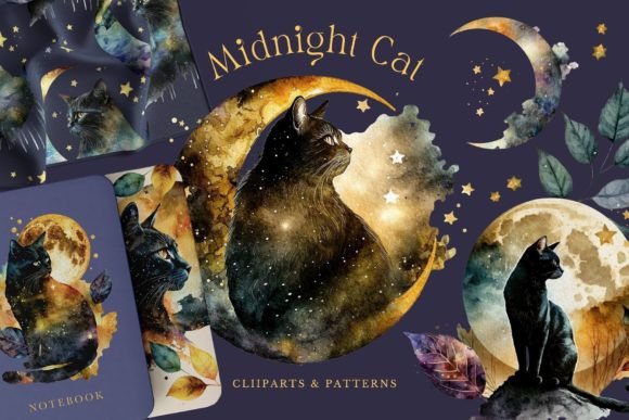 Download Cat Watercolor Moon Starry Mystic Magic - Starry Collection