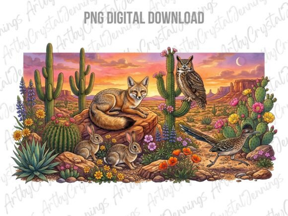 Download Western Desert Wildlife Sunset Scene PNG - Set Collection